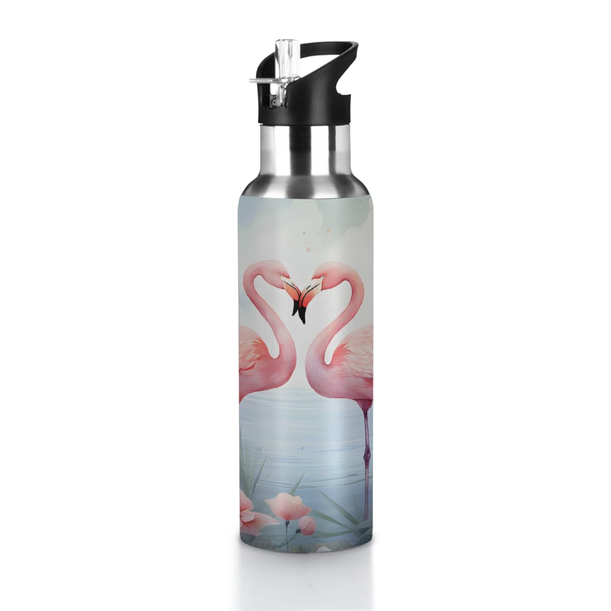 VQUVQV 600ml Water Bottle Stainless Steel Sports Drinks Bottle with Straw Lid, Flamingos Heart Shape Insulated Bottles Vacuum Flask for Running Cycling Hiking