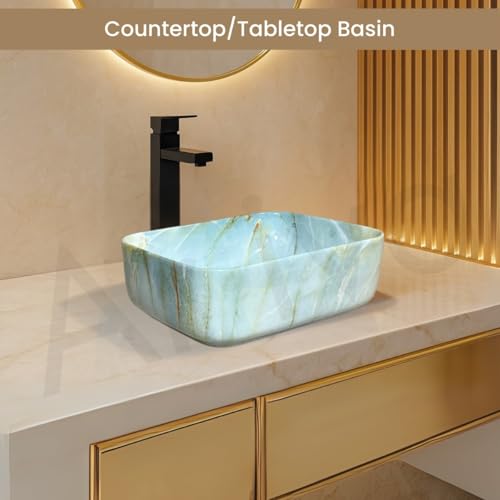 Image of Artiva Ceramic Wash Basin /Tabletop Washbasin For Bathroom,12 inchx16 inch /Small Countetop Bathroom Basin /Table Top Basin For Home,Office,Hotel /Rectangle Glossy Sink (Marble Green,12x16 Inch)
