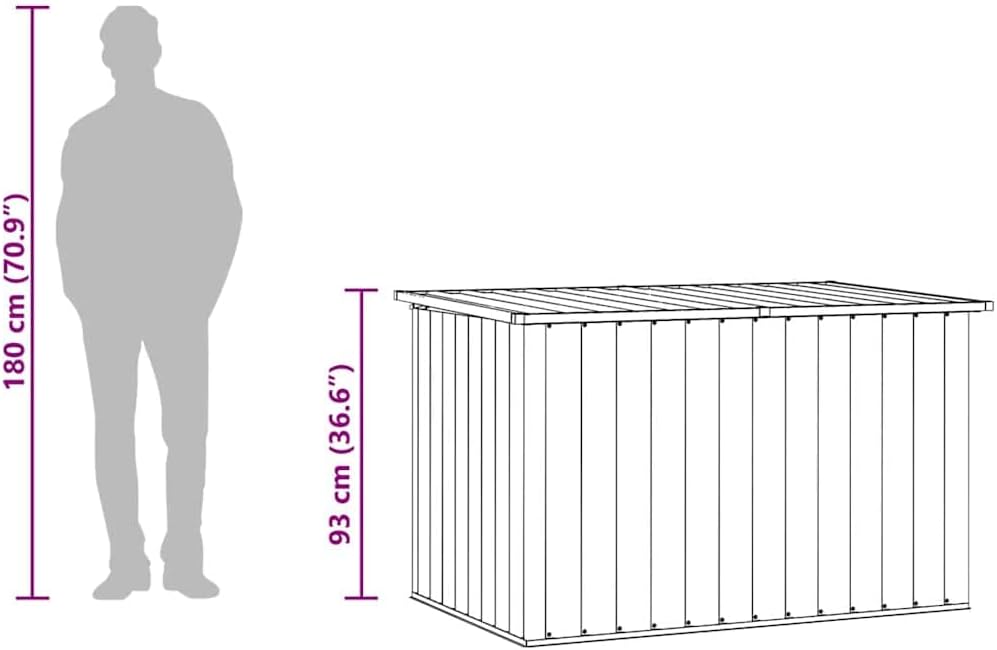 Diagram comparing the size of the garden storage box to an average human figure, showing the box height at 93 cm (36.6 inches) and a person at 180 cm (70.9 inches).