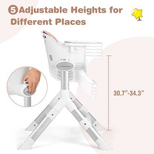 Image of INFANS Baby High Chair, Modern Convertible Design Highchair with Aluminum Construction, 5 Different Heights, Removable Tray, Detachable PU Leather Cushion, Dinning Seat for Infant and Toddlers Pink