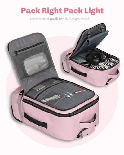 Hynes Eagle 42L Rolling Backpack Wheeled Backpack Flight Approved Travel Backpack Carry on Luggage Light Pink with 3PCS Packing Cubes Set Black