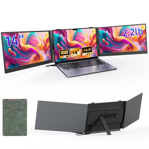 Laptop Screen Extender, 14" Ultra Thin Lightweight(2.2lb) FHD 1080P Triple Portable Monitor for Laptops 13-17.3", Plug-Play Aluminum Dual Monitor Extended for Mac/Windows, Business/Travel/Home/Office