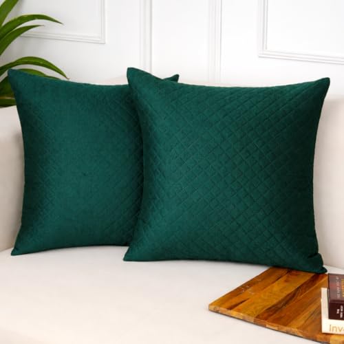 STITCHNEST Quilted Velvet Cushion Covers Set of 2 | Soft Green | 24x24 Inches | Premium Sofa & Living Room Décor