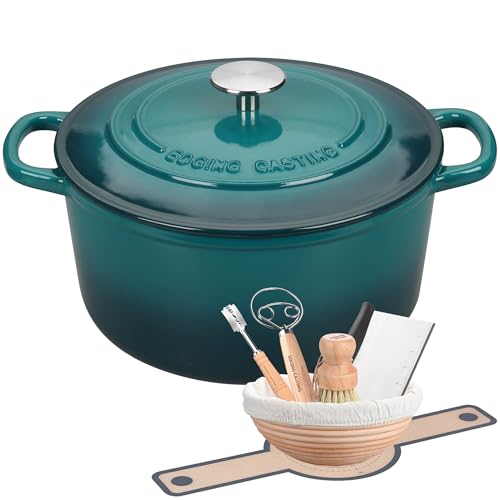 EDGING CASTING Enameled Cast Iron Dutch Oven with Sourdough Bread Baking Kit, Bread Dutch Oven with Lid, Includes Proofing Basket & Baking Tools, 5qt, Darkcyan