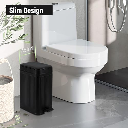 Image of rejomiik Small Bathroom Trash Can with Lid Slim Soft Close Garbage Can Step Wastebasket Container Trash Bin for Office Bedroom Kitchen Living Room (1.9 Gallon Black)