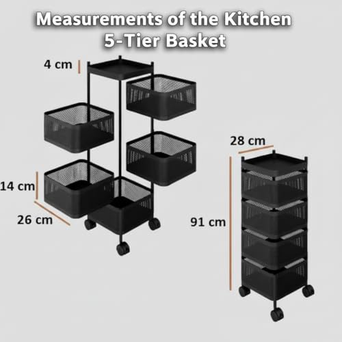 Image of KRISHYAM 5-Tier Metal Kitchen Trolley with Wheels | Multi Layer Kitchen Storage Rack | Vegetable Trolley & Onion Rack in Kitchen | Multipurpose Organizer Black (5-Tier Square)