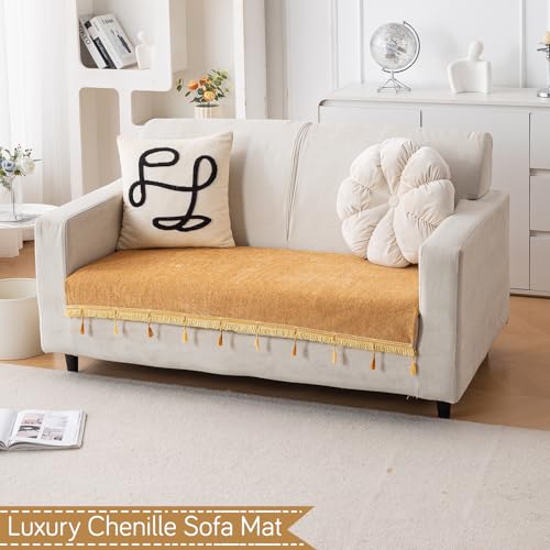 Image of HOKIPO 'Serenity Tassel' Chenille 2 Seater Sofa Cover with Tassel - Sunlit Amber (IN-891-GLD)