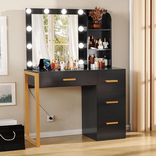 FIONESO Makeup Vanity Desk with Mirror & Lights, Vanity Desk with 4 Drawers & Charging Station, Dressing Vanity Table with Open Storage Shelves, 3 Color Modes, Vanity Table for Bedroom, Black - Thumbnail 3