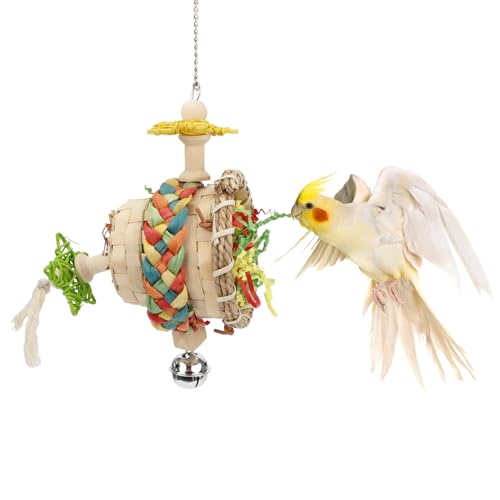 Hypeety Bird Foraging Toys Natural Seagrass Woven Basket Parrot Foraging Chewing Toy with Bell Colourful Parakeet Hanging Toys for Cockatiel Sun Parakeet Budgie Lovebirds (1 pc Woven Basket)