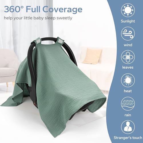 Image of SERAPHY 100% Muslin Cotton Car Seat Cover Baby, Universal Carseat Covers, Breathable Baby Car Seat Canopy for Boys Girls, Soft Infant Car Seat Cover for Summer -Green