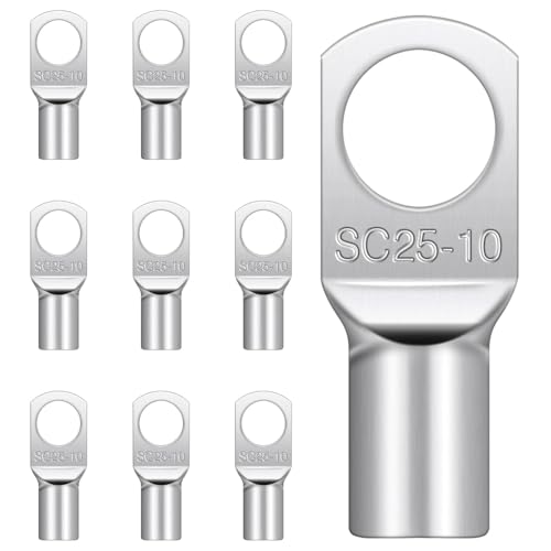 QZKJQDD 10 Pcs Cable Lugs M10, Cable Lug Terminals Connectors M8, Ring Lugs Connector M10, SC25-10 Copper Tube Battery Cable Ends Lugs Battery Terminals Connectors Tinned Copper Crimp Lugs
