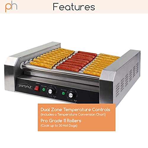 Partyhut 30 Hot Dog Roller Warmer Grill Cooker Machine, Commercial Grade, (11 Non-Stick Rollers, 30 Hot Dog Sausage Grill Cooker, And Removable Stainless Steel Drip Tray) #TOP3