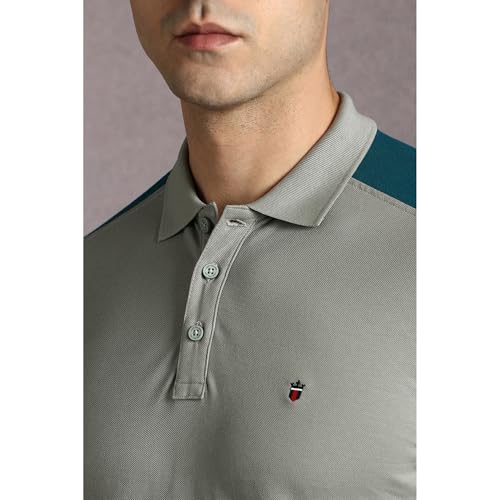 Image of Louis Philippe Men's Slim Fit Premium High-End Pique in Superior Cotton Cut & Sew Design Color Block Shoulder Half Sleeve Polo Tshirt
