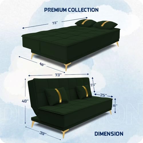Image of Adorn India Premium New Alyssum 3 Seater Sofa Cum Bed 4X6 Velvet Suede with 2 Cushions (Color Green) and Suitable for All Indoor, with 3 Years Warranty