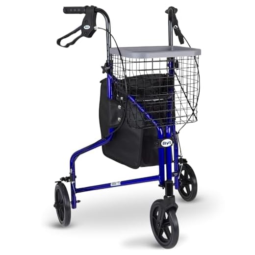 Days Lightweight Aluminium 3 Wheel Walker – Height Adjustable and Foldable Mobility Aid for Elderly – Triwalker with Basket, Tray, Bag and Lockable Brakes – Indoor and Outdoor Walker – Blue