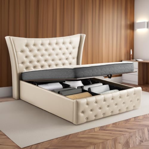 Image of Wakefit Bed | Queen (78 X 60) Solid Wood Bed, Upholstered, Hydraulic, 3 Year Warranty | - Lovejoy - Beige