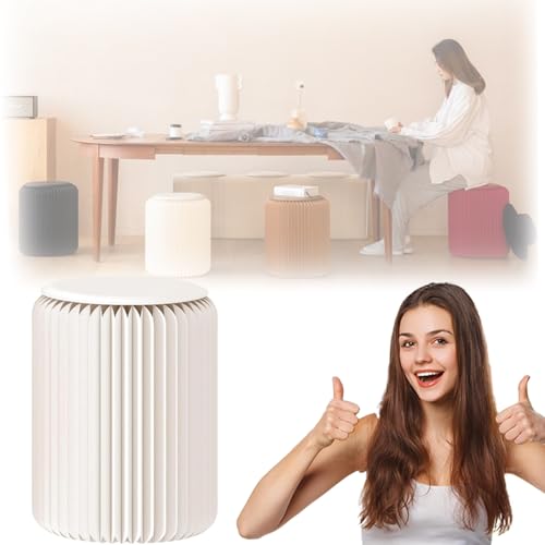 MDDKOP 紙製 スツール 折りたたみ 丸型 家具 ペーパースツール PUクッション付き 軽量 耐荷重300kg 北欧風 おしゃれ 椅子 コンパクト収納 ポータブル 工具不要 室内 屋外用 洋服店 玄関 書斎 ベンチ 装飾(ホワイト,高52cm 直径40