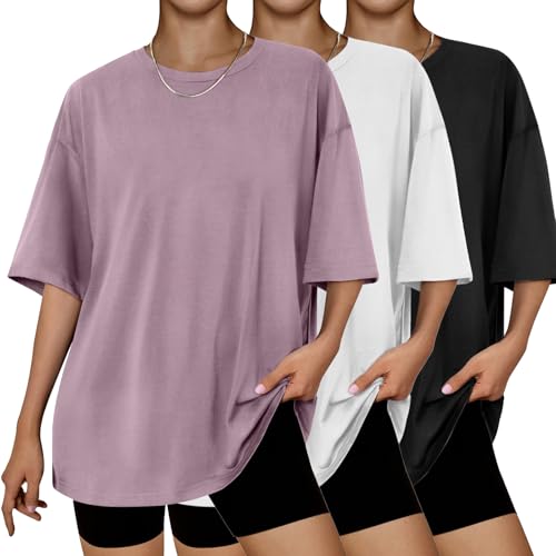 3 Packs Womens Oversized T Shirts Loose Fit Crewneck Short Sleeve Tops Summer Casual Blouse 2025 Y2K Basic Tee Beach