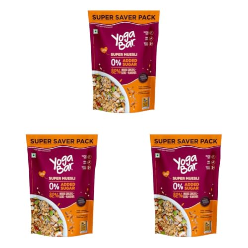 Image of Yogabar Super Muesli, No Added Sugar, Breakfast Muesli with Probiotics & Prebiotics, 84% Whole Grains + Seeds + Almonds, 700g (Pack of 3)