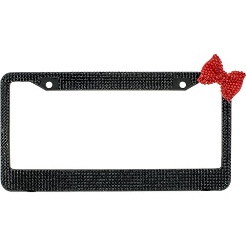 BLVD-LPF Black Crystal Diamond Rhinestone Black Metal License Plate Frame License Plate Frame with Red Crystal Bow Tie with Crystal Screw Caps