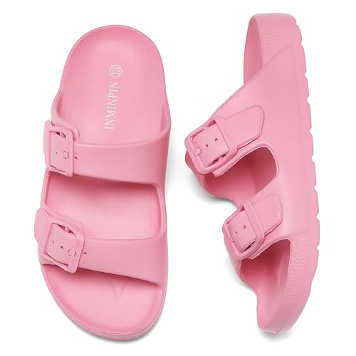Image of INMINPIN Boys Girls Double Buckle Slide Sandals Comfort Beach Pool Shower Slippers Adjustable Indoor Outdoor Little Kid /Big Kid