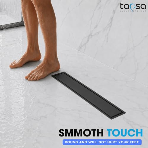 Image of Tapsa Tile Insert Floor Drain | 304 Stainless Steel | Invisible Shower Drain Channel | Shower Drain Channel | Water Drain Channel | with Cockroach Trap. (24X4, Black Matte 20 mm)