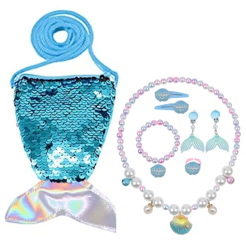 GGUFAY Juego de 7 joyas de sirena para niñas. Incluye: collares, pendientes, pulseras, anillos y pinzas para el pelo. Ideal para cumpleaños, fiestas y Navidad.