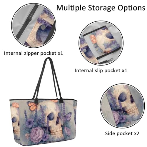 Large Beach Bag for Women, Green Chamomile Pattern Travel Tote with Pockets Waterproof Shoulder Handbag2