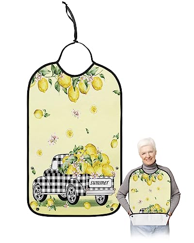 Kewadony Adult Bibs for Elderly Women - Summer Lemon Truck Waterproof Dining Clothing Protectors with Crumb Catcher for Eating/Feeding, Rustic Vintage Yellow Fruits Terry Cloth Bib Machine Washable