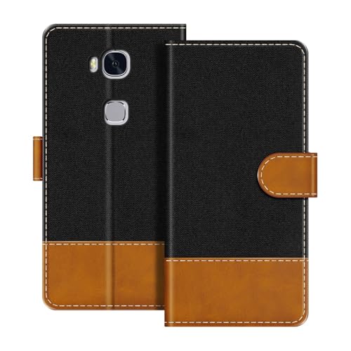UOGNADGD Leather Flip Wallet Case Compatible with Huawei Honor 5X Phone Cover with Card Holders, RFID Blocking, Magnetic Closure & Kickstand (Black)
