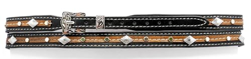 Western Hat Band with Buckle – Black and Brown Faux Leather with Silver Conchos and Stud Accents – Adjustable Cowboy Hat Accessory for Men and Women