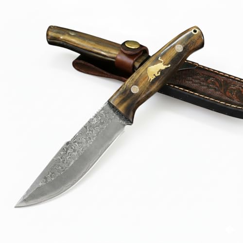 Damastmesser Feststehend - 67 Lagen Handgeschmiedeter Damaststahl - Scharfes Jagdmesser & Outdoor Gürtelmesser mit Edelholz-Griff & Lederscheide - Geschenk für Männer
