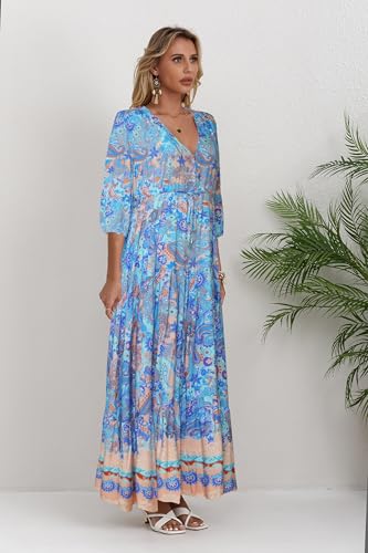 Image of Women Short Sleeve V Neck Floral Print Casual Bohemian Maxi Dresses