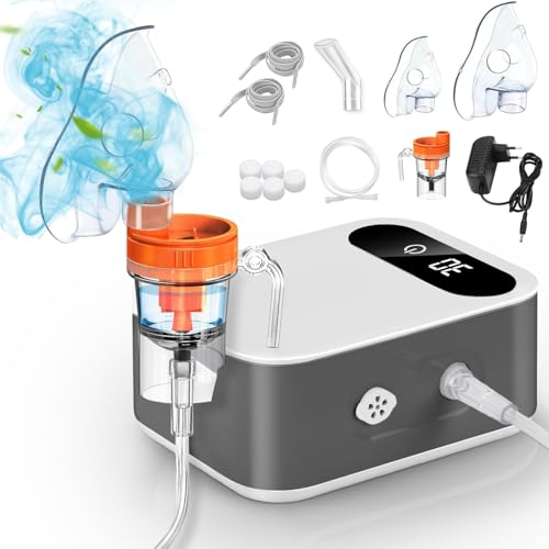 BIAOQINBO Aerosol Silenzioso per Bambini Adulti,Aerosol Portatile a Microcompressore con Display Digitale, Nebulizzatore Inalatore Ultrasuoni Macchina Aerosol con Boccaglio e Maschera (Grigio)