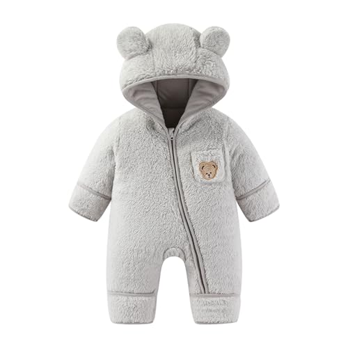 JiAmy Newborn Baby Snowsuit Fleece Winter Snow Suits, Bear Hooded Footed Romper Cartoon Baby Girls Boys Clothes Outfits Grey 3-6 Months