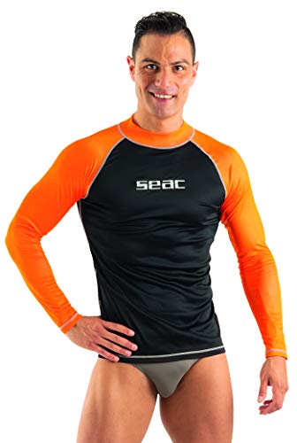 SEAC T-Sun Long Man, Camiseta de protección Rash Guard para esnorkel y natación Anti UV, Negro/Naranja, L