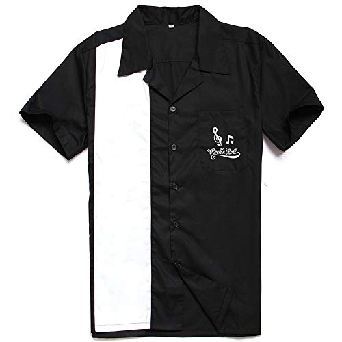 Anchor MSJ Men's 50s Male Clothing Cotton Men Shirts Short Sleeve Vintage Fifties Bowling Casual Button-Down Shirts (XXXL, Black)