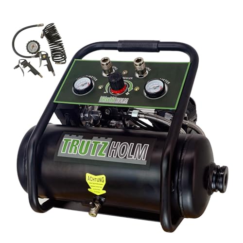 TRUTZHOLM Brushless Silent Flüsterkompressor innenbeschichtet 900 W / 9 Liter silent leise 62dB Druckluft, Kompressor, ölfrei, 8 bar, Ansaugleistung 128 L/Min inkl. Zubehör