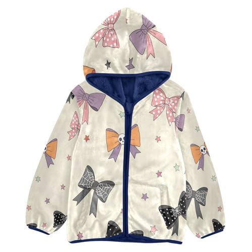 Colorful Bows with Skulls Design Toddler Fleece Jacket Girl Boys Hooded Fleece Jacket Coat Warm Outwear Zip-up 3-10T