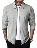 PICKLION Men Casual Lightweight Jackets Laydown Collar Zipper Closure Solid Color Long Sleeve Waffle Jackets Grey