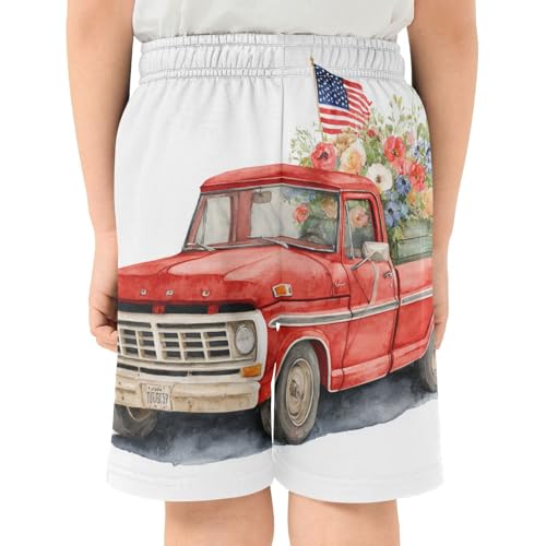 DOMIKING Red Truck Flag Kids Shorts Pull-on Boys Shorts with Elastic Waist Casual Athletic Pants for Summer Outdoor Playwear3
