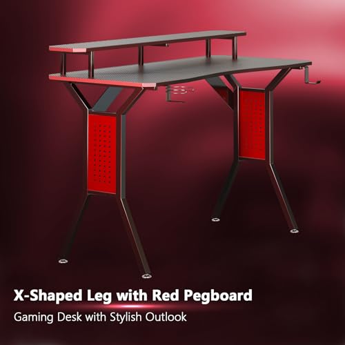 HEEYUE Gaming Desk, Computer Desk with Large Monitor Stand, Solid Metal Legs with Red Mesh Frame, Gamer Workstation with Cup Holder, Headphone Hook for Home Office HEEYUE Gaming Desk, Computer Desk with Large Monitor Stand, Solid Metal Legs with Red Mesh Frame, Gamer Workstation with Cup Holder, Headphone Hook for Home Office
