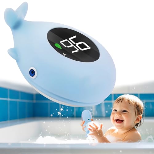Image of Whale Baby Bath Thermometer Newborn, Safety Baby Water Thermometer & Room Temperature Alert with 3-Color LED, Floating Digtal Bathtub Temperature Toy Gift for Infant, Toddler