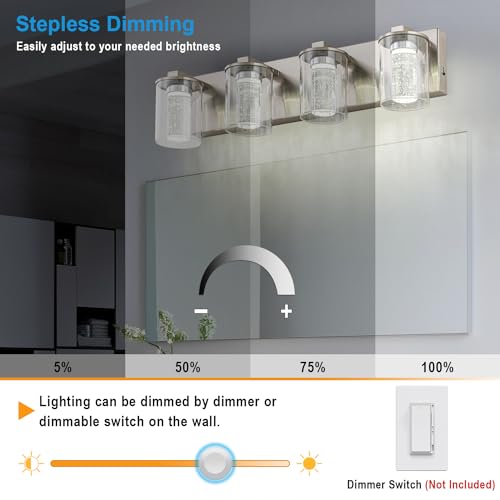 Image of SineRise Bathroom Vanity Light with 3 Color Modes (3000K /4000K /6000K), Eye Protection LED Bathroom Light Fixture, Dimmable Modern Wall Light Over Mirror with Clear Glass Shade (Nickel, 4-Light)