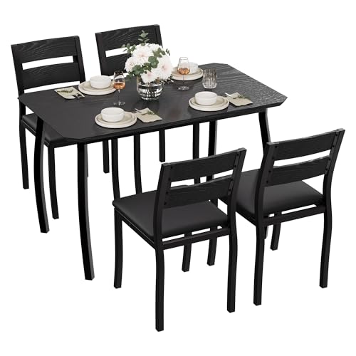 GarveeHome Dining Table Set for 4, 5 Piece Metal Frame Kitchen Table and Chair Set, Chamfer Design Space-Saving Dining Room Furniture for Small Spaces, Apartment, Studio, Breakfast Nooks, Black