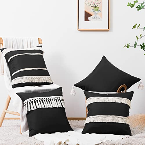 Black Farmhouse Throw Pillow Covers Set of 4 with White Tassel, 18 x 18 Inches