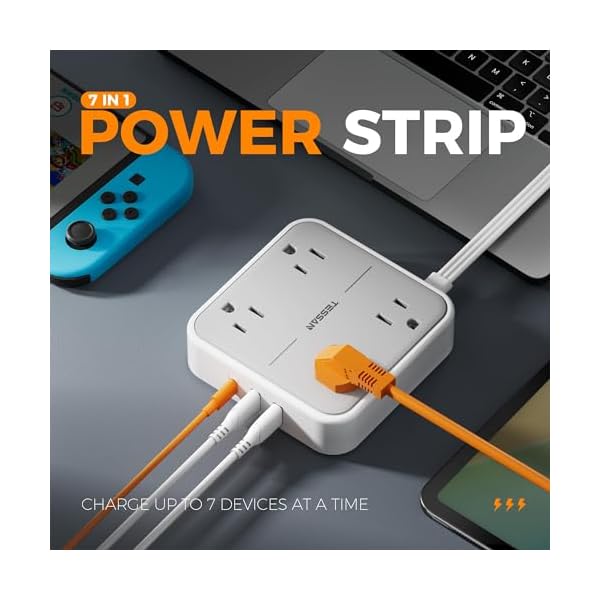Flat Plug Extension Cord Indoor 5 Feet, Power Bars with Surge Protector, TESSAN Power Strip with 4 Multiple Outlets 3 USB Ports (1 USB C), Surge Protection for Dorm Room Home Office, Gray - Image 4