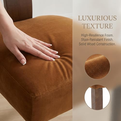 Image of HNY Mid Century Modern Dining Chairs, Velvet Fabric Farmhouse Upholstered and Curved Backrest Kitchen Accent Chairs Set of 2, with Hardwood Frame, Burnt Caramel