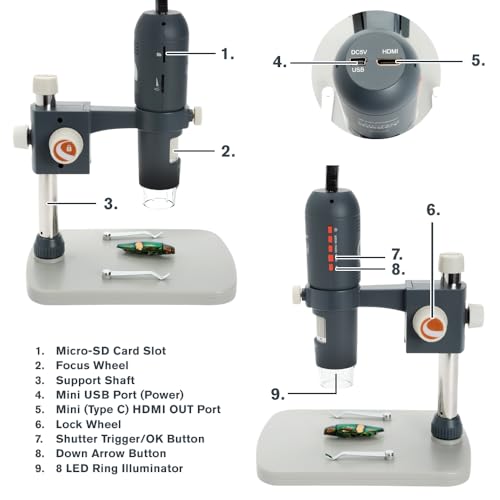 Celestron 44316 MicroDirect 1080P HDMI Handheld Digital Microscope, 10x-220x Magnification, Grey/White
