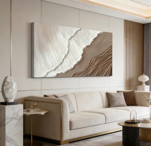 Kabcod 3D Textured Sand Beach Waves Wall Art Large Size White Brown Abstract Coastal Painting Artwork Ocean Wave Beach Landscape Oil Painting for Living Room Bedroom Decor 20X40in Ready To Hang